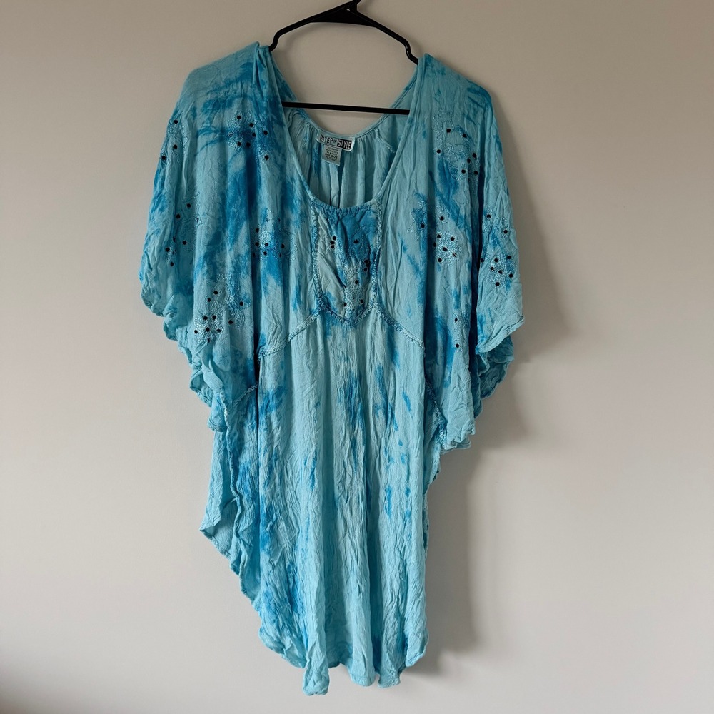 Step In Style Blue Tie Dye Swim Cover Top Embroidered Sequin Boho One Size Rayon